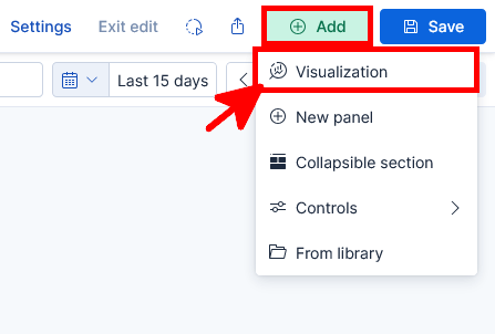 Menu Add d’un tableau de bord Kibana avec l’option Visualization mise en évidence