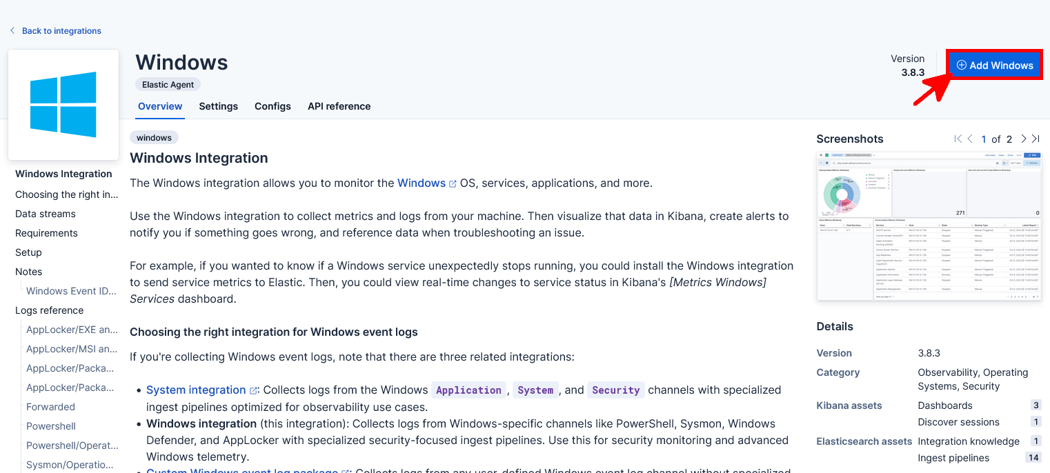 Page de l’intégration Windows dans Kibana montrant le bouton Add Windows utilisé pour configurer la supervision Windows avec Elastic Agent