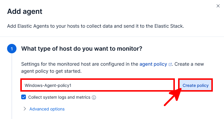 Fenêtre Add agent de Kibana Fleet montrant le champ de nom de l’agent policy et le bouton Create policy pour enrôler Elastic Agent sur Windows