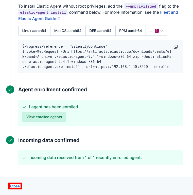 Écran de confirmation Kibana Fleet indiquant que l’enrôlement d’Elastic Agent est confirmé et que des données entrantes ont été reçues depuis le serveur Windows