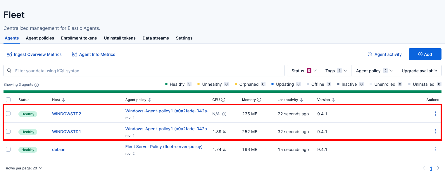 Onglet Agents de Kibana Fleet montrant plusieurs serveurs Windows enrôlés avec Elastic Agent et marqués comme healthy