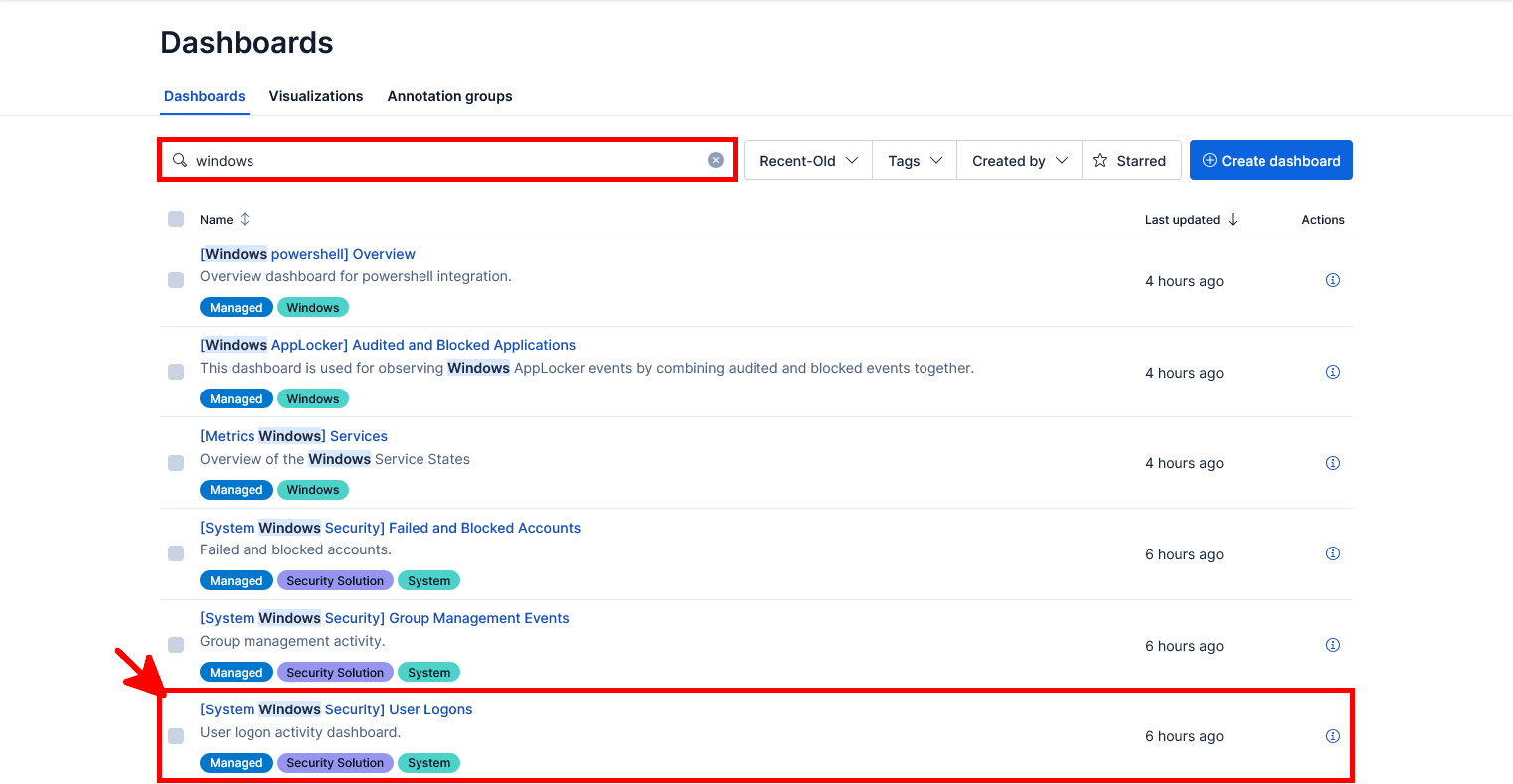 Page Dashboards de Kibana montrant une recherche des tableaux de bord Windows et le tableau de bord System Windows Security User Logons