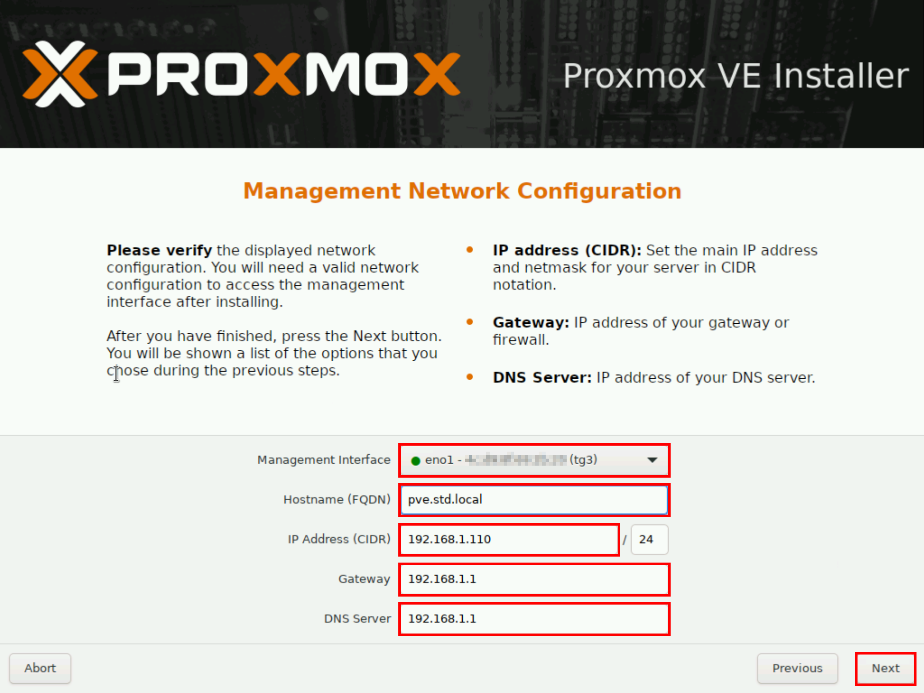 Configuration du réseau de gestion dans l’installateur Proxmox VE