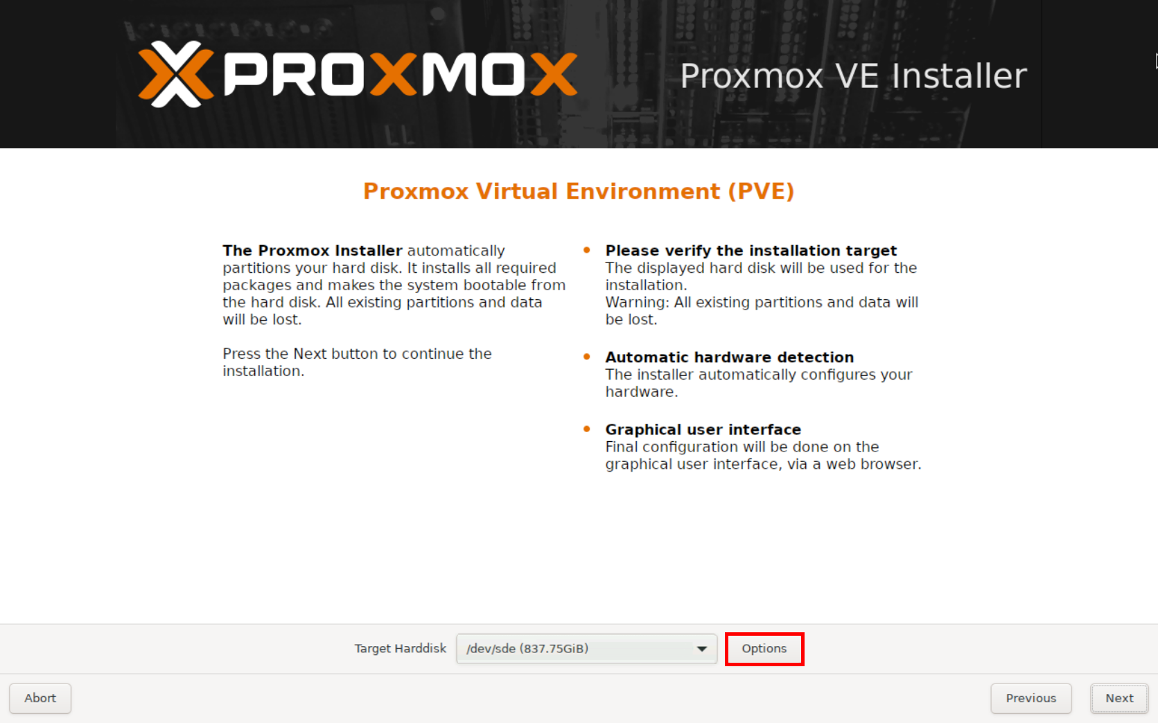Écran de sélection des disques dans l’installateur Proxmox VE