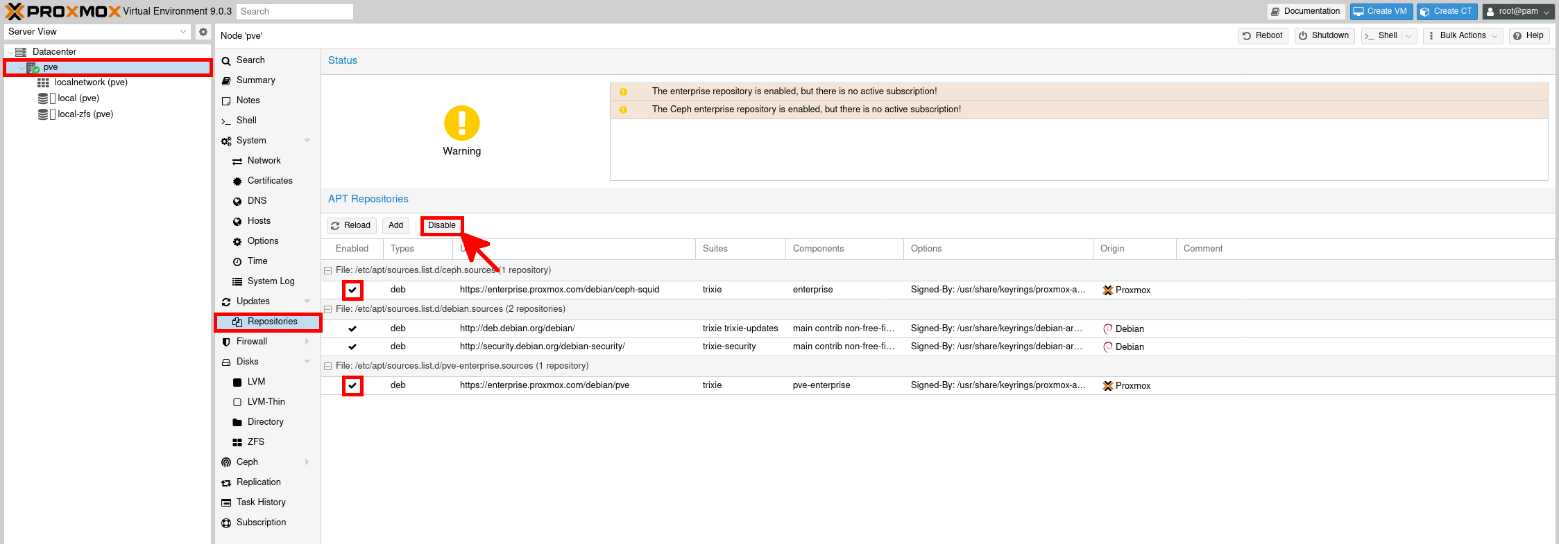 Proxmox VE 9 - désactivation des dépôts enterprise