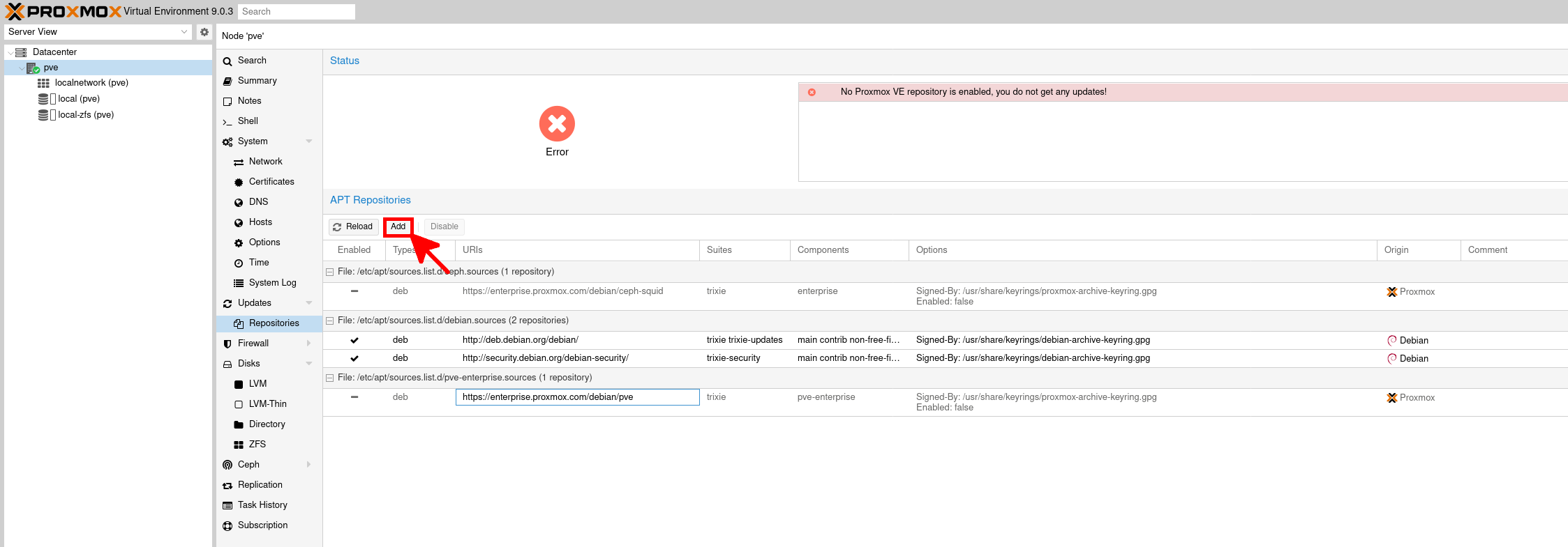 Proxmox VE 9 - bouton pour ajouter un dépôt