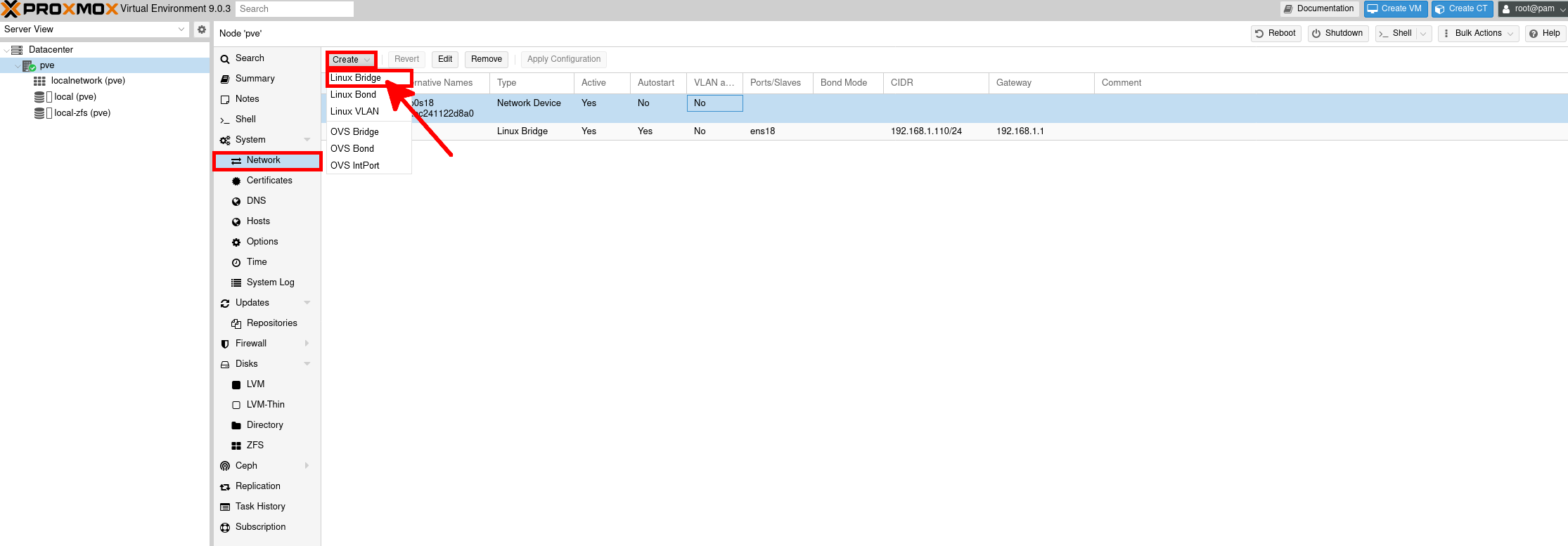 Proxmox VE 9 - création d’un bridge Linux