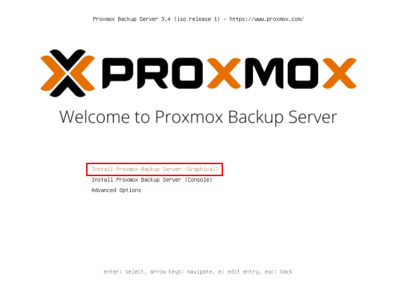 Menu de démarrage de Proxmox Backup Server 3.4 avec l'option d'installation graphique sélectionnée