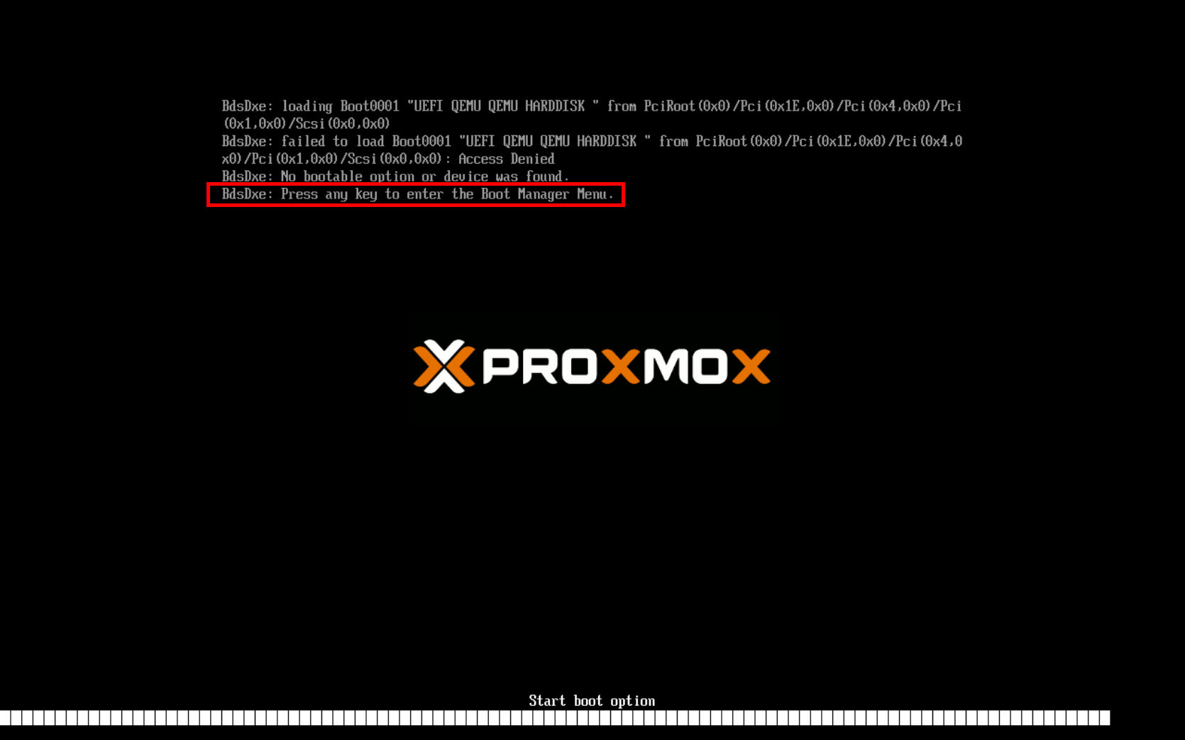 Échec d’amorçage UEFI d’une machine virtuelle Proxmox avec message 'Access Denied' et option pour entrer dans le Boot Manager.