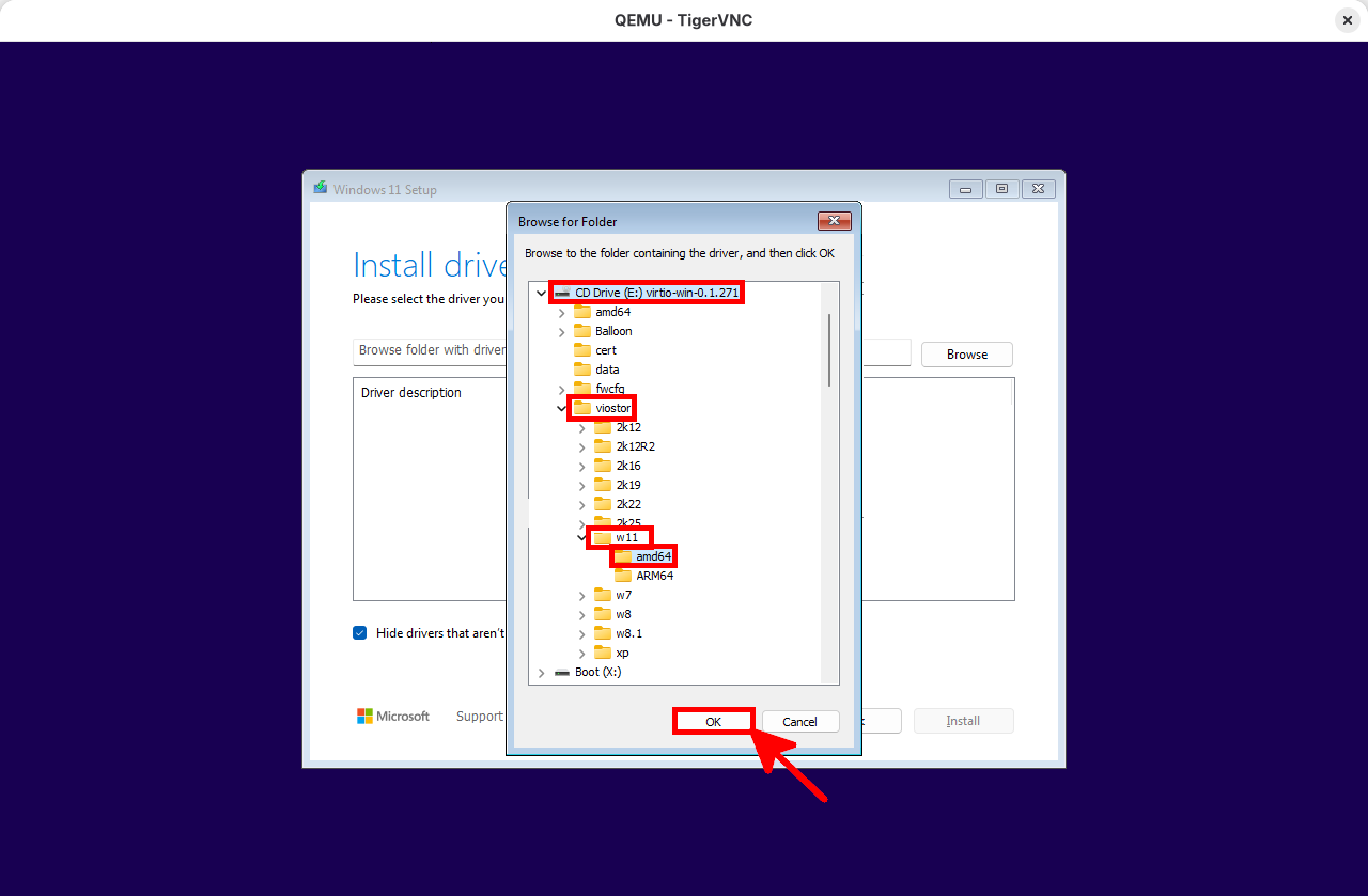 Installation de Windows 11 affichant le chemin de sélection du pilote VirtIO : viostor > w11 > amd64 dans une VM QEMU