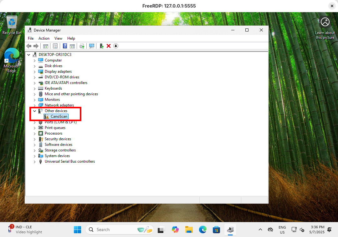Gestionnaire de périphériques de Windows 11 affichant le scanner Canon CanoScan détecté sous Autres périphériques via passthrough USB dans QEMU