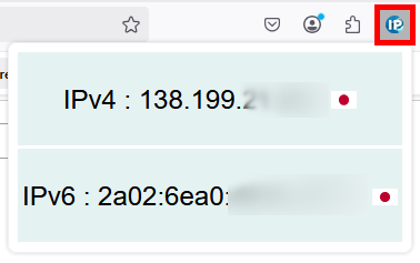 Barre d’outils du navigateur Firefox affichant la fenêtre STIP avec les adresses IPv4 et IPv6 publiques détectées via Mozilla VPN