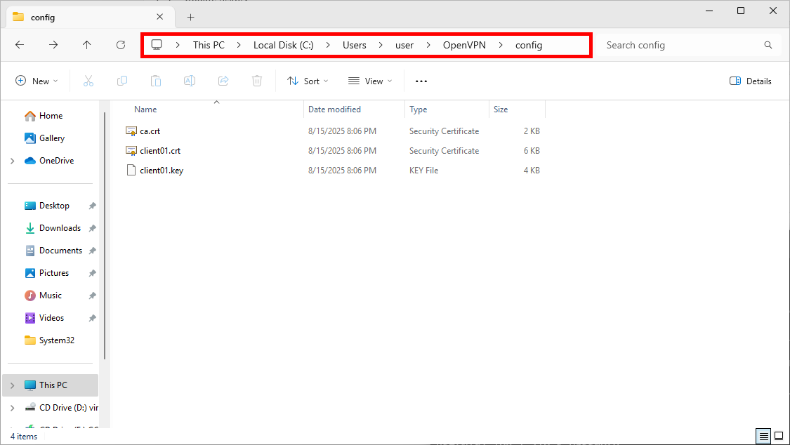 Dossier de configuration OpenVPN sous Windows affichant les fichiers ca.crt, client01.crt et client01.key..