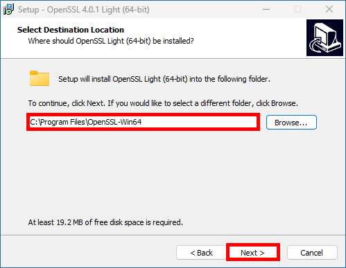 Programme d’installation d’OpenSSL Light affichant le dossier d’installation par défaut C:\Program Files\OpenSSL-Win64