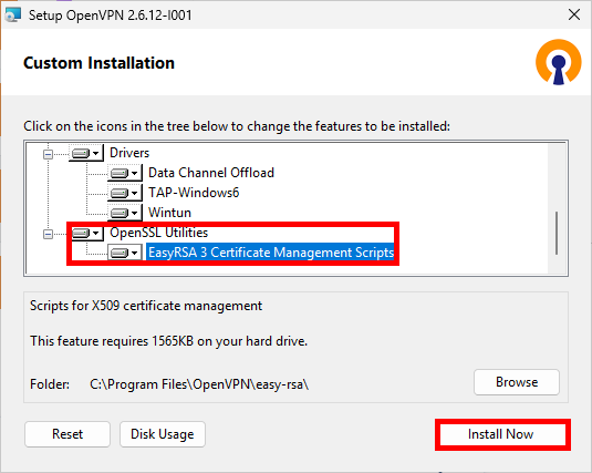 Fenêtre d’installation personnalisée d’OpenVPN avec EasyRSA 3 Certificate Management Scripts sélectionné sous OpenSSL Utilities et le bouton Install Now mis en évidence