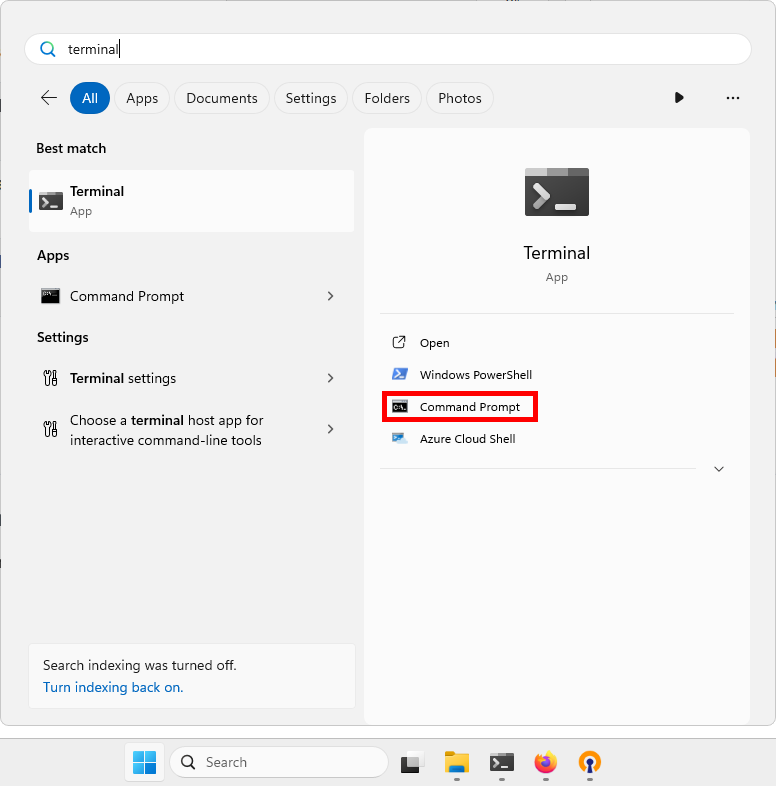 Résultats de recherche Windows pour Terminal montrant le profil Command Prompt mis en évidence dans Windows Terminal