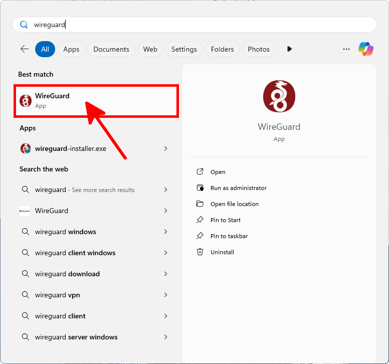 Recherche et lancement de l’application WireGuard depuis le menu Démarrer de Windows