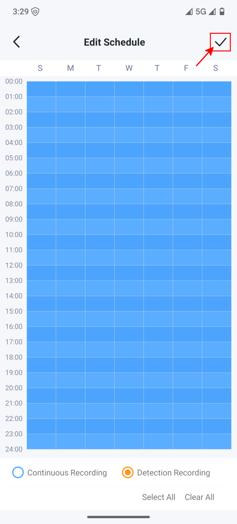 Tapo Android app showing the Edit Schedule screen with the checkmark icon to save continuous recording
