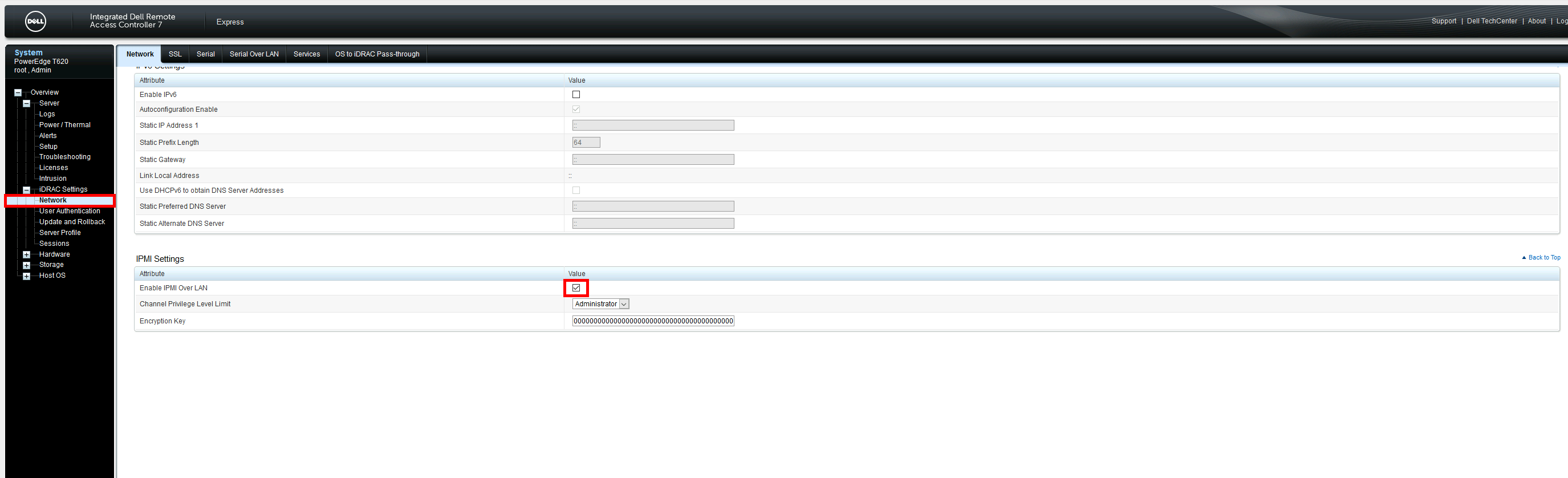 Dell PowerEdge T620 iDRAC Network Settings showing IPMI Over LAN enabled.
