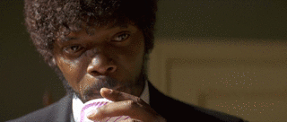 GIF of Samuel L. Jackson in Pulp Fiction drinking soda, compressed with fuzz 2%