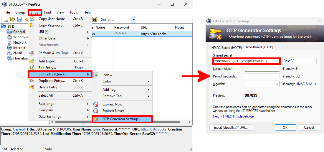KeePass OTP generator configuration using a secret key for SSH 2FA