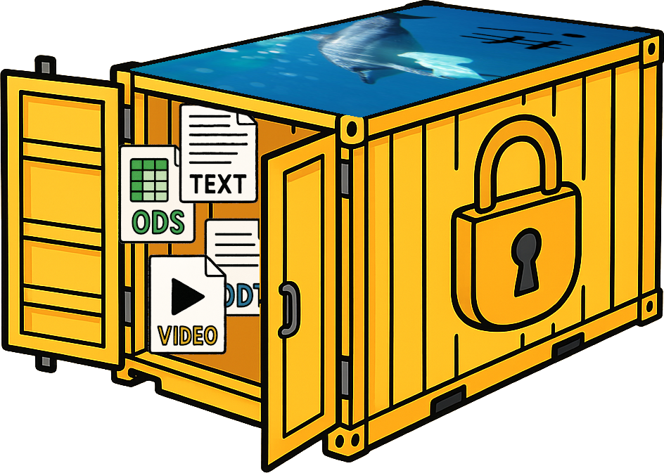 Illustration of a locked container holding files—text, spreadsheets and video—representing an encrypted file container on Linux