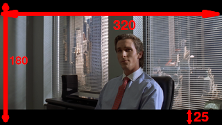 Frame from American Psycho showing Patrick Bateman, with red annotations indicating the original resolution (320x180) and the black bar height (25 pixels) to be cropped