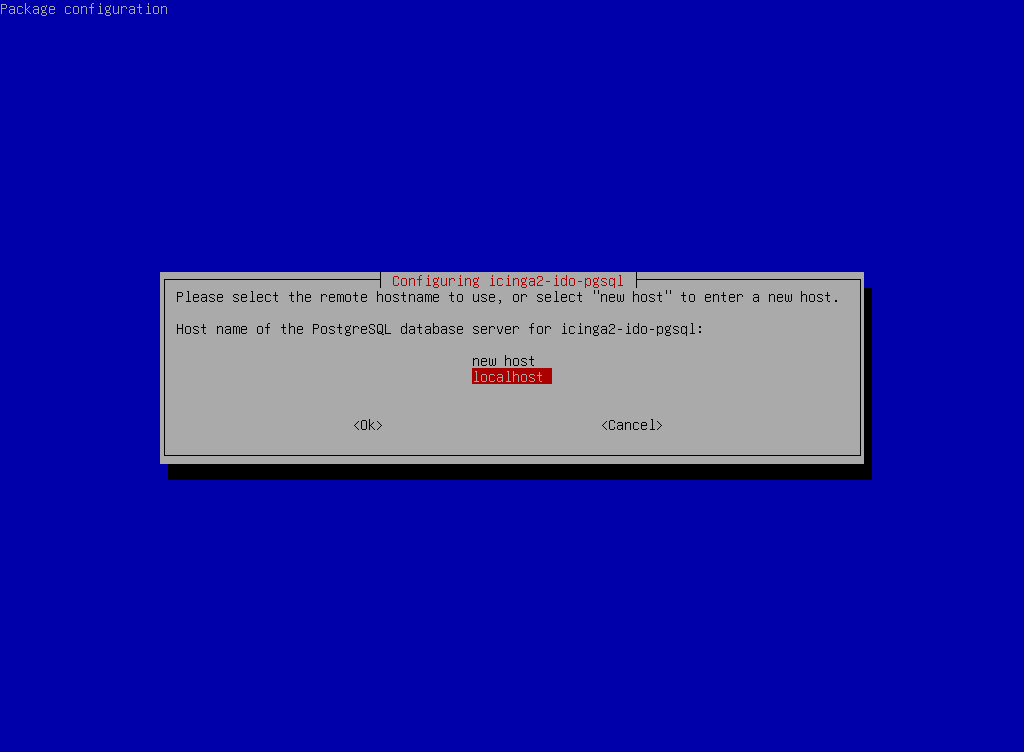 Debian installer asking for the PostgreSQL database hostname for icinga2-ido-pgsql, with localhost selected.