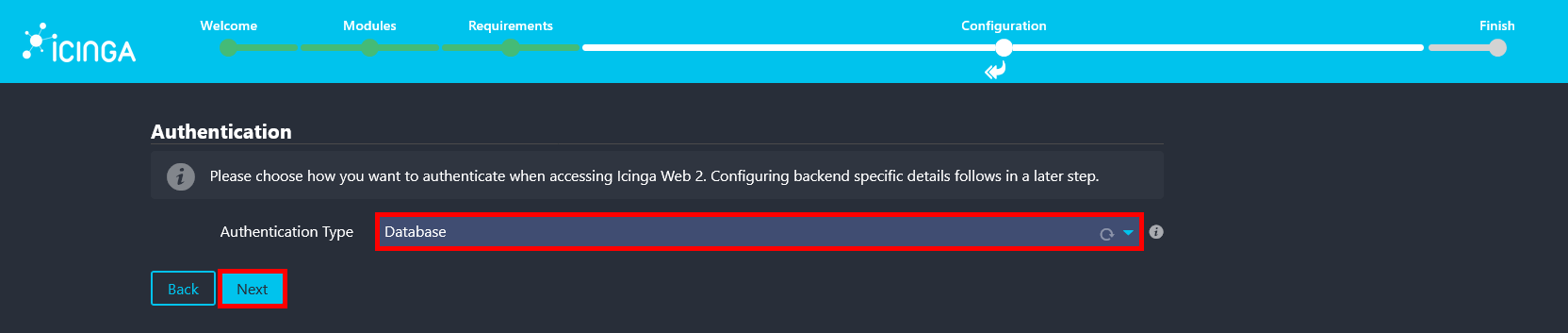 Icinga Web 2 authentication configuration screen with Database selected as the authentication type.