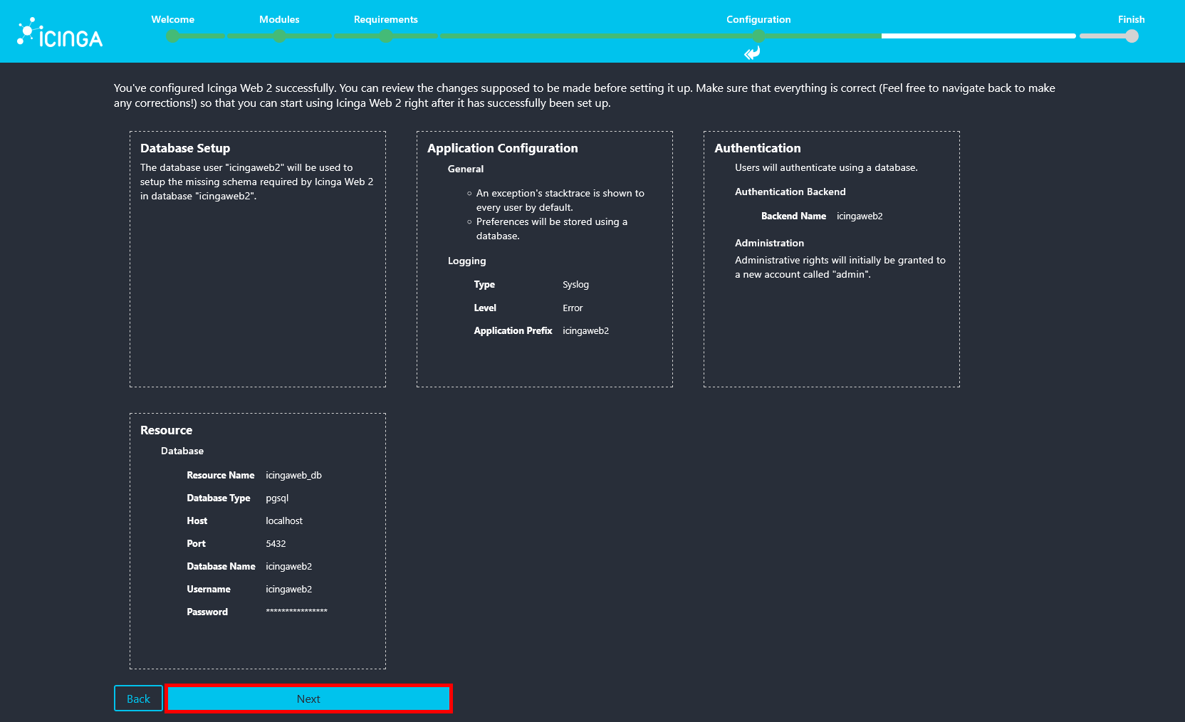 Icinga Web 2 configuration review screen summarizing authentication, database, and application settings.
