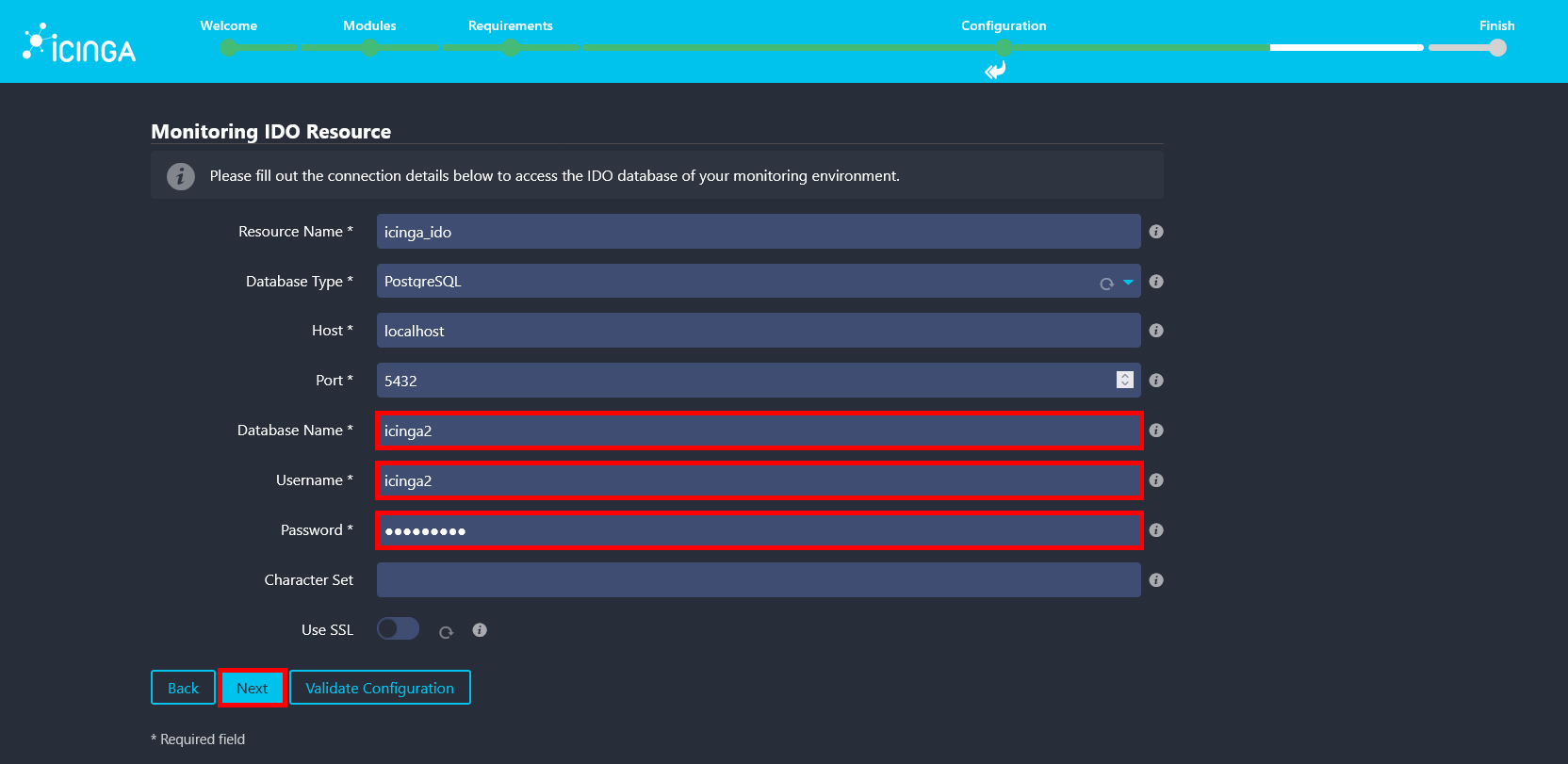 Icinga Web 2 monitoring IDO resource configuration screen showing PostgreSQL settings for the icinga2 database.