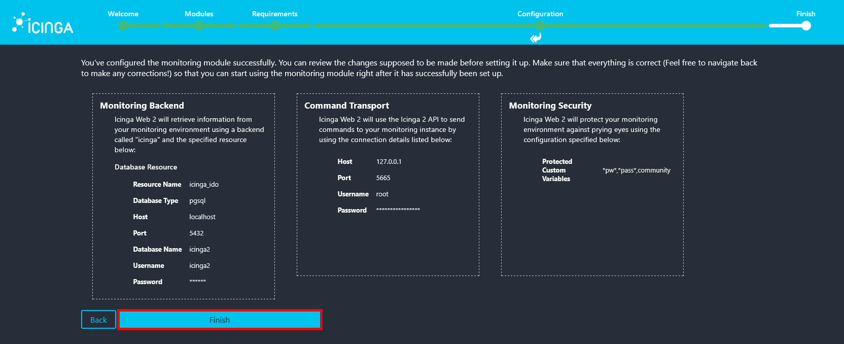 Icinga Web 2 monitoring configuration summary screen with the Finish button highlighted.