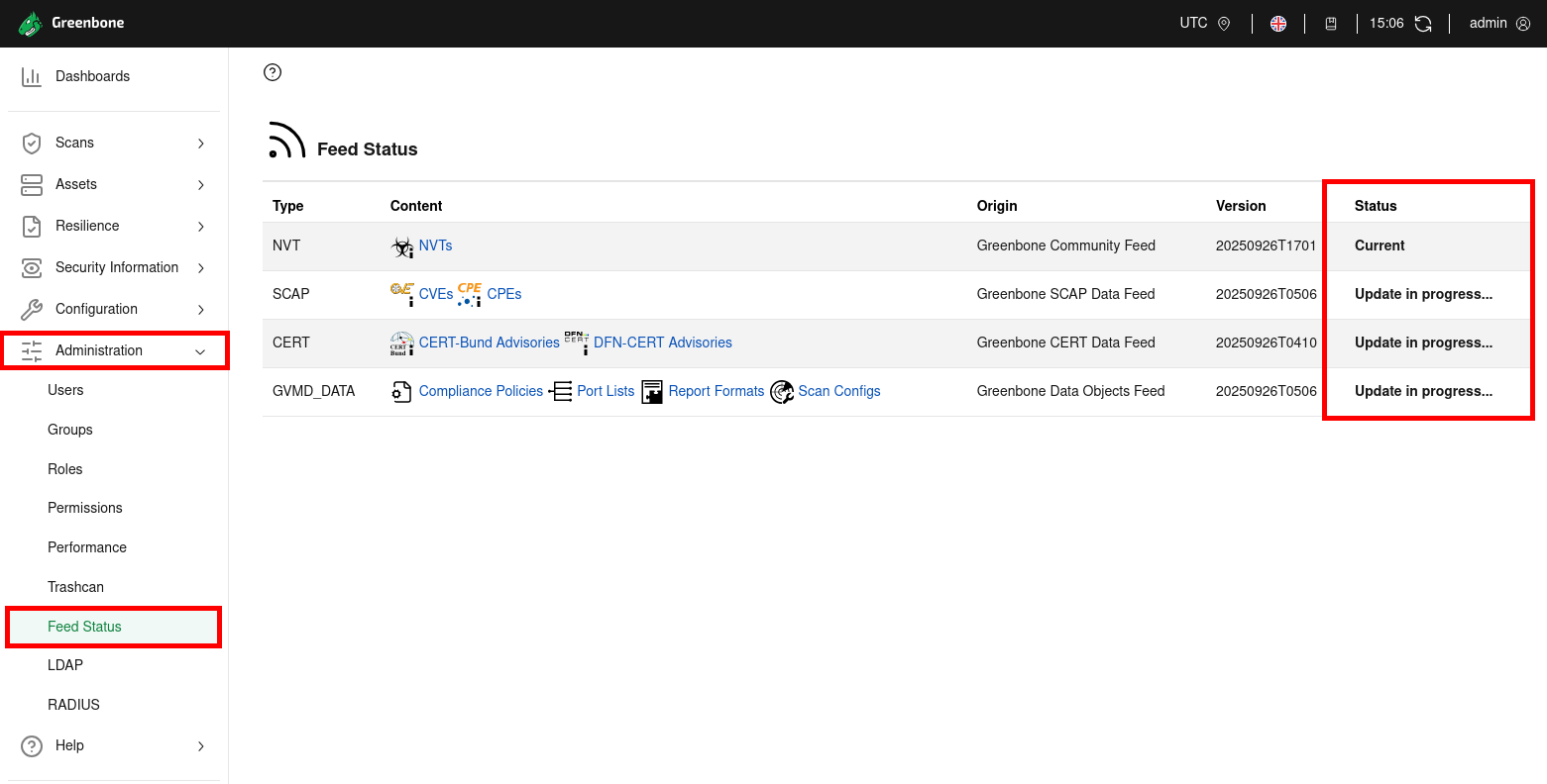 Screenshot of the Greenbone Vulnerability Manager Feed Status page on Kali Linux 2025 showing NVT, SCAP, CERT, and GVMD feeds with update status