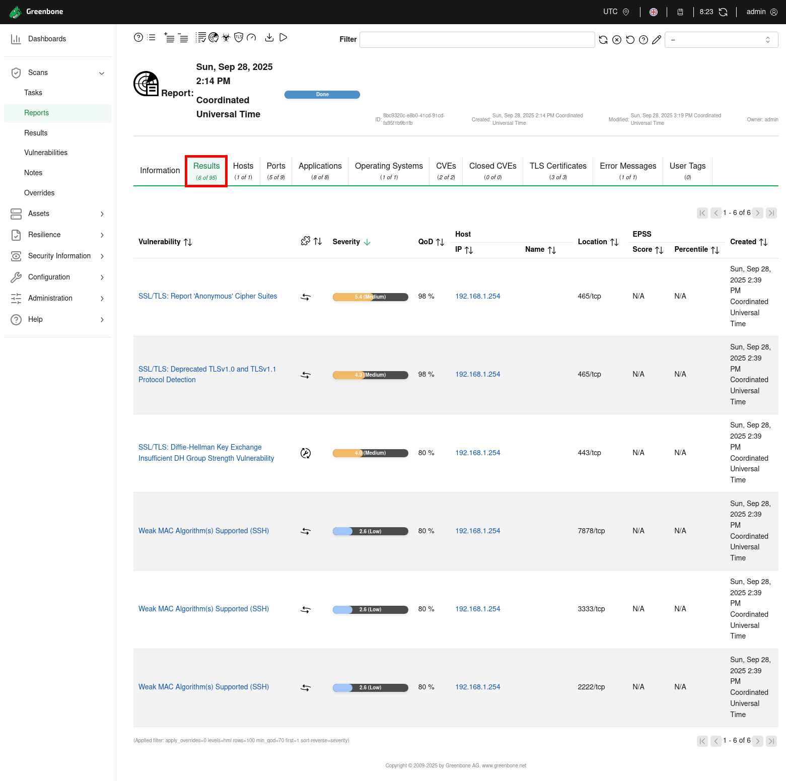 Screenshot of a vulnerability scan report in Greenbone Vulnerability Manager on Kali Linux 2025 showing results, severity ratings, affected host 192.168.1.254, and detected vulnerabilities such as SSL/TLS and weak MAC algorithms