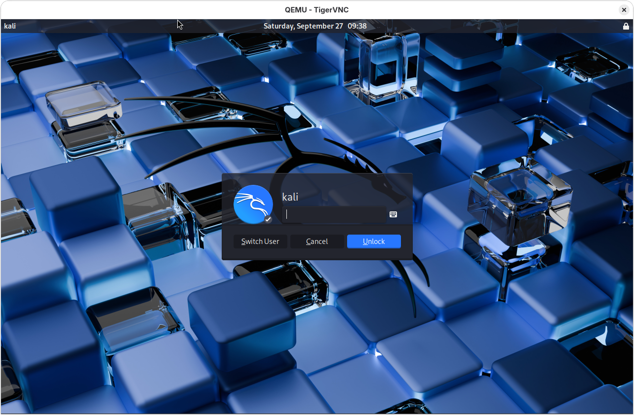 Kali Linux login screen inside QEMU accessed with TigerVNC client