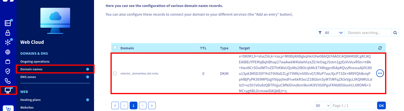 Screenshot of the OVHcloud DNS dashboard showing a DKIM record with the selector._domainkey subdomain, DKIM version, RSA key type, and base64-encoded public key for std.rocks.