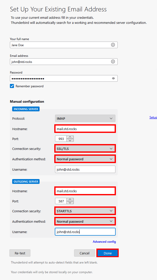 Screenshot of Thunderbird manual configuration showing IMAP on port 993 with SSL/TLS and SMTP on port 587 with STARTTLS for the account john@std.rocks.