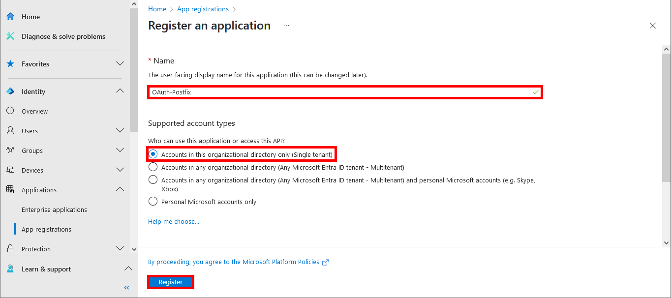 Screenshot of the Microsoft Entra application registration page showing the name OAuth-Postfix, Single tenant option selected, and Register button highlighted
