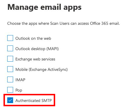 Screenshot of the Microsoft 365 admin portal showing the 'Authenticated SMTP' option enabled under email app settings for a user.