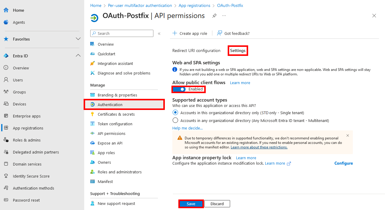 Screenshot of Microsoft Entra admin portal showing the Authentication menu with Allow public client flows enabled and Save button highlighted
