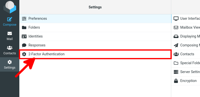 Rouncube web interface settings menu with 2-factor authentication entry