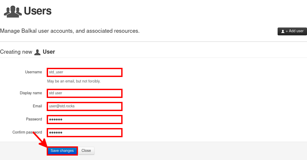 Baïkal user creation form showing username, display name, email, password fields, and the Save changes button