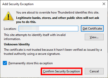 Thunderbird security warning dialog prompting to add a certificate exception for an untrusted CalDAV server
