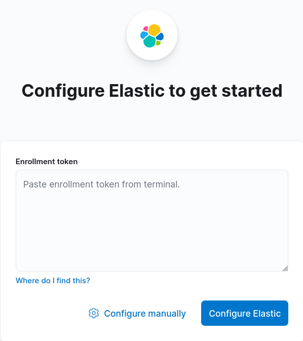 Elastic 9 setup screen asking for enrollment token to configure the server.