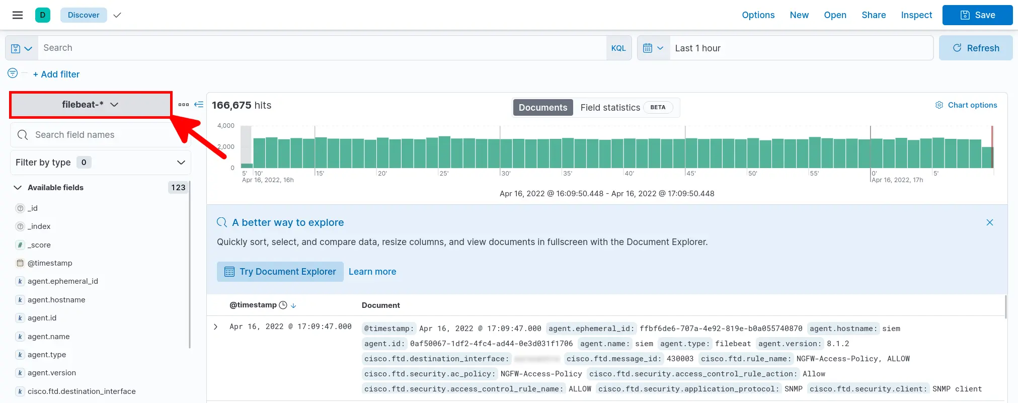 Kibana Discover view displaying filebeat-* index and incoming log data from Cisco Firepower
