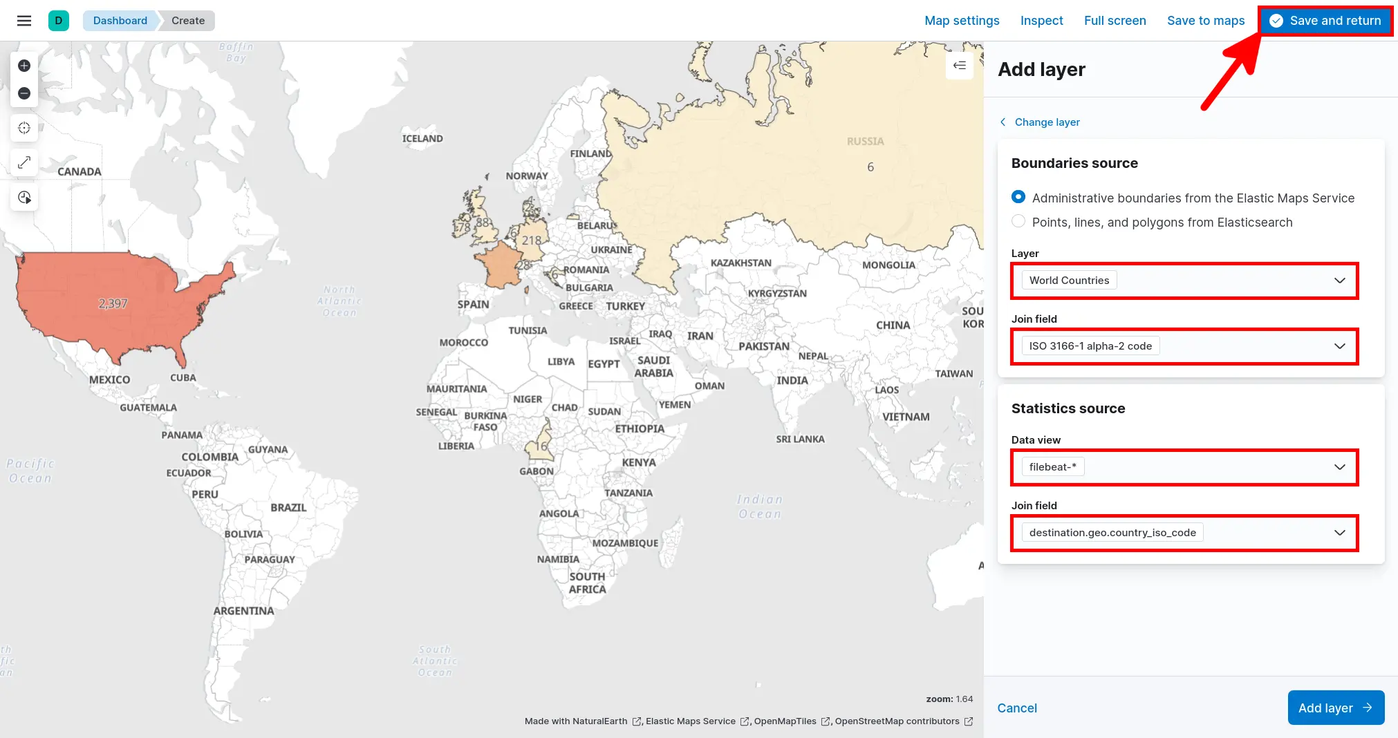Kibana map configuration showing how to set boundaries and statistics source for a choropleth layer