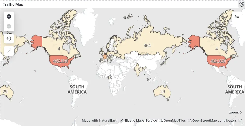 Geographic traffic map in Kibana showing data distribution by region using choropleth visualization