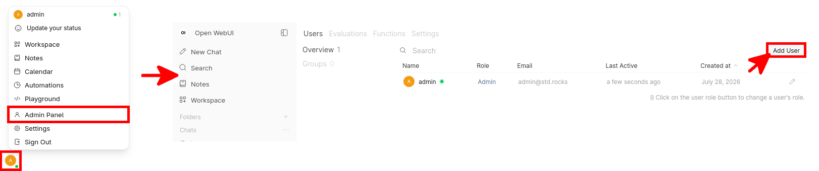 Adding a new user account from the Open WebUI Admin Panel