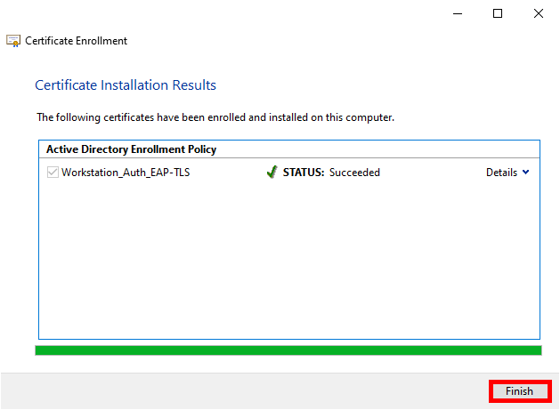 Certificate Enrollment Wizard showing 'Certificate Installation Results' screen with the status 'Succeeded' for the NPS certificate, and the 'Finish' button highlighted.