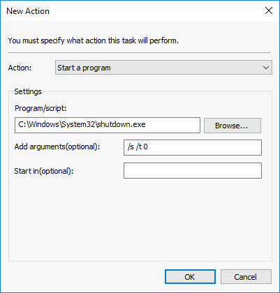 New Action window with shutdown.exe configured using the arguments '/s /t 0'.